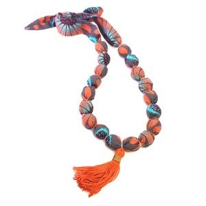 Fabric covered wooden bead necklace with tassel